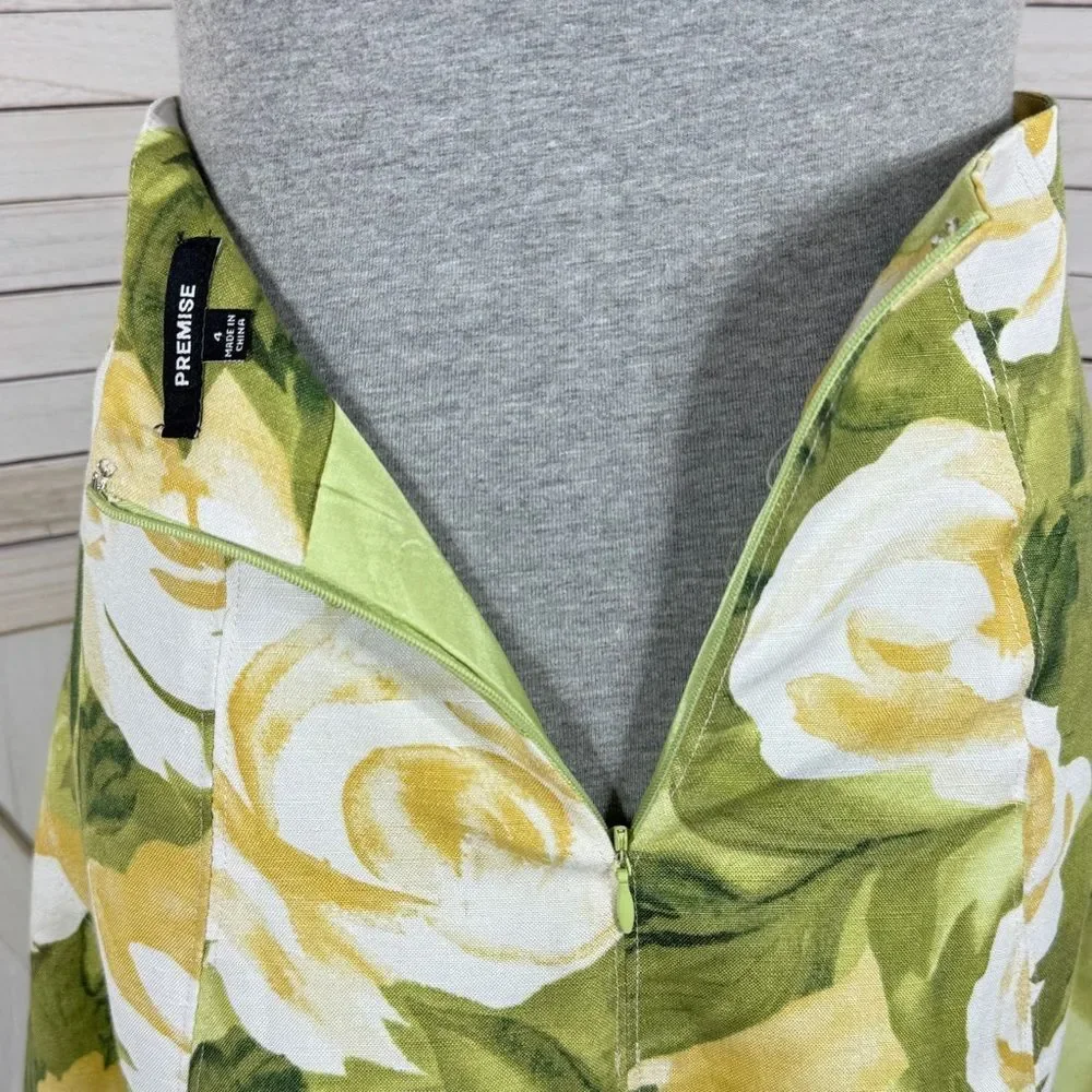 Premise Floral Roses Linen Blend A Line Flare Midi Skirt Lime Green Yellow 4‎